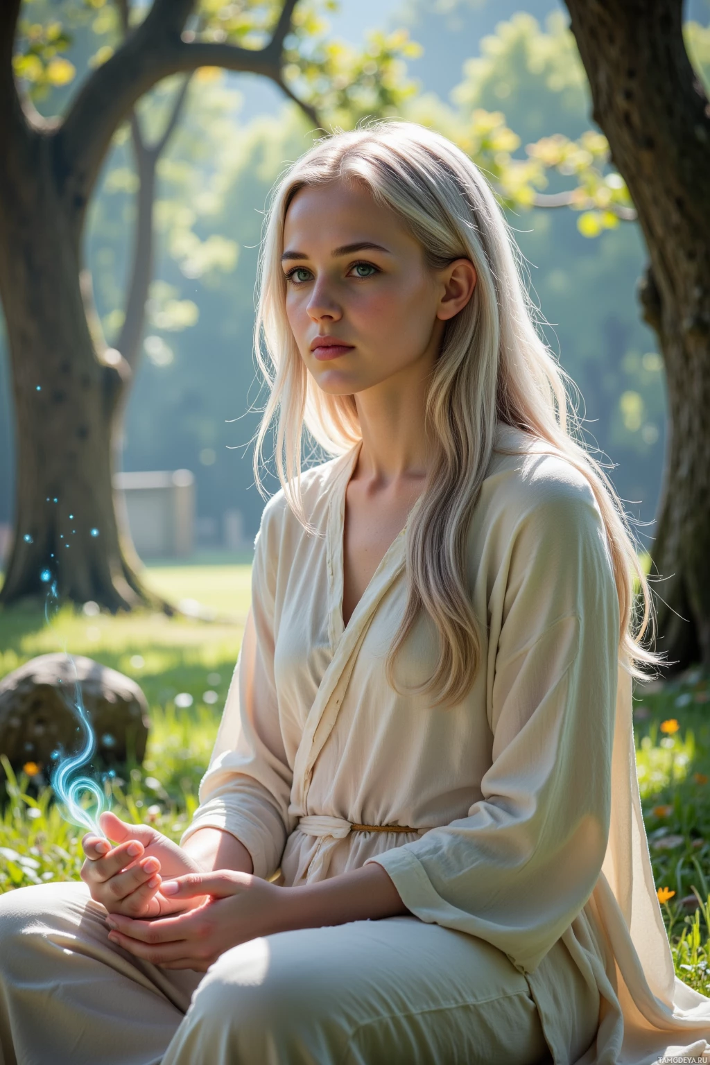 Realistic high quality photo. A serene woman with silvery hair, calm blue eyes, radiant sun‑kissed skin, wearing a flowing light tunic, seated in a quiet morning grove with dappled sunlight filtering through ancient trees, gently guiding a young student beside her while ethereal swirling energies glow around them.