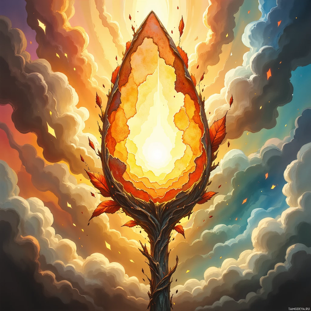 Semi-abstract image with many empty light space at center of beautiful background, that is suitable for the post:  A rusted spoon turns into a shy, sun‑warmed lantern, humming gentle lullabies between crinkled paper and drifting clouds.