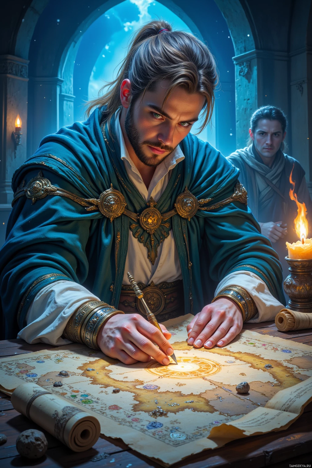 Realistic high quality photo. Male scholar, 38, tall, light brown hair in neat ponytail, green eyes, wearing elegant flowing robes with subtle arcane symbols, tracing faded glyphs on a weathered map beneath dreamlike twilight, stars swirling overhead, glowing scrolls nearby, companions looking distracted in the background, serene scholarly focus in a mystical night setting.