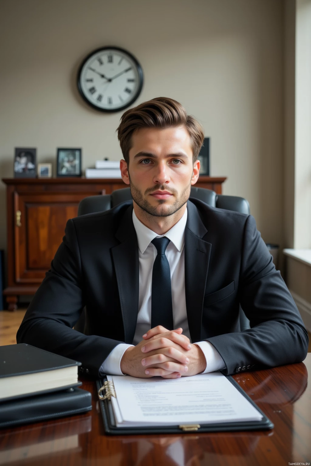 Realistic high quality photo. A 32‑year‑old man with neatly styled brown hair, piercing green eyes, fair skin, wearing a crisp black tailored suit and white dress shirt sits at a polished conference table in a modern boardroom, a cluttered portfolio and briefcase on his desk, a wall clock ticking, as he calmly strategizes a deal with a composed expression in late afternoon light.