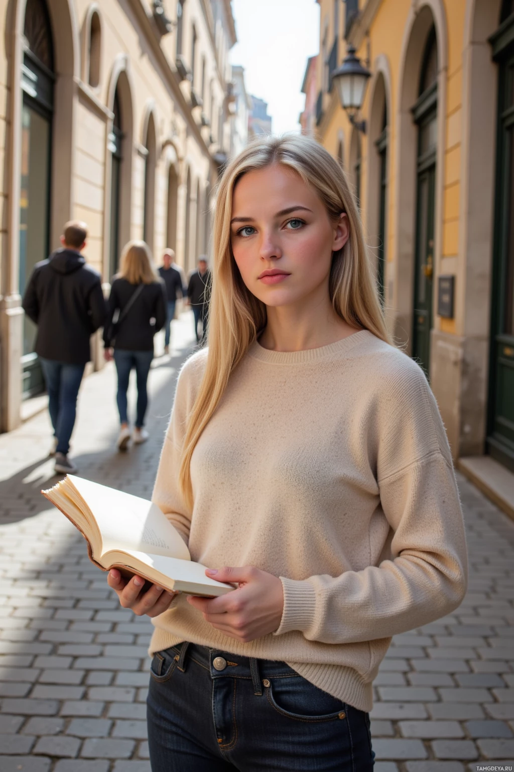 Realistic high quality photo. Woman, 34, long straight blonde hair, soft blue eyes, pale skin, gentle facial structure, wearing a cozy beige sweater and dark jeans, standing in a quiet back alley where sunbeams dapple cobblestones, holding an open notebook on an unwritten page while passing strangers cast soft silhouettes.