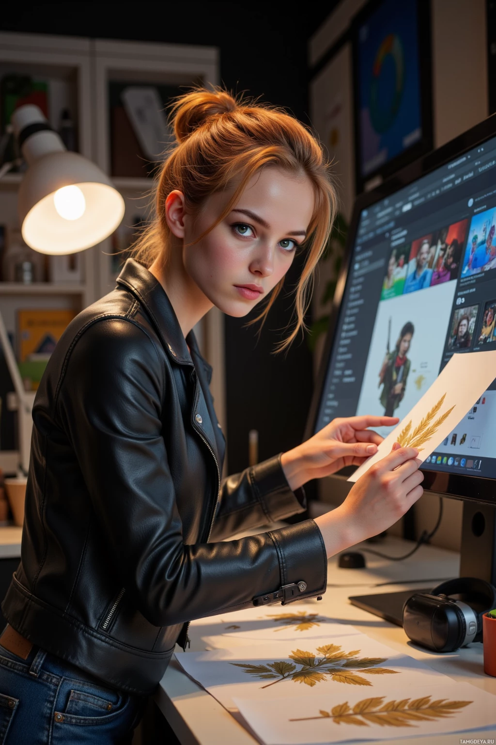 Realistic high quality photo. Female designer, 24, bright red hair in a messy bun, green eyes, warm golden skin tone, wearing jeans and a fitted black leather jacket, standing in a dim modern design studio at night, mid‑action flipping a poster layout on a computer screen, gold feather motif sketches on a nearby table, a VR headset resting on the desk, her face lit with impulsive focus.