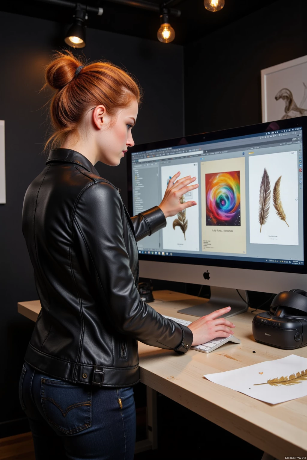 Realistic high quality photo. Female designer, 24, bright red hair in a messy bun, green eyes, warm golden skin tone, wearing jeans and a fitted black leather jacket, standing in a dim modern design studio at night, mid‑action flipping a poster layout on a computer screen, gold feather motif sketches on a nearby table, a VR headset resting on the desk, her face lit with impulsive focus.