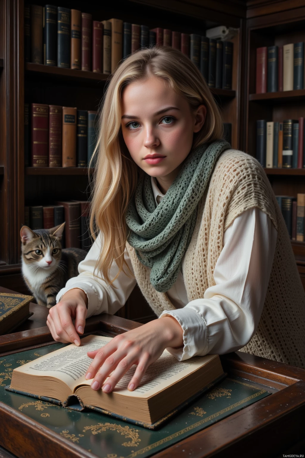 Человек в шарфе сидит за столом с раскрытой книгой, рядом – кошка.