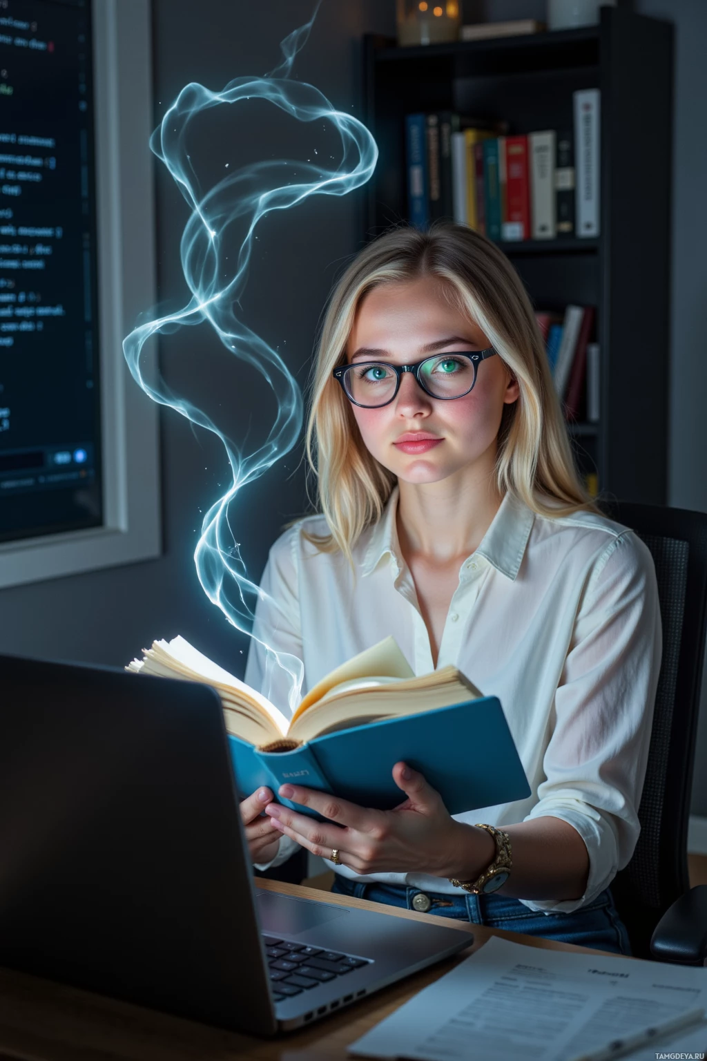 Человек в очках читает книгу, вокруг которой мерцает мягкий свет.