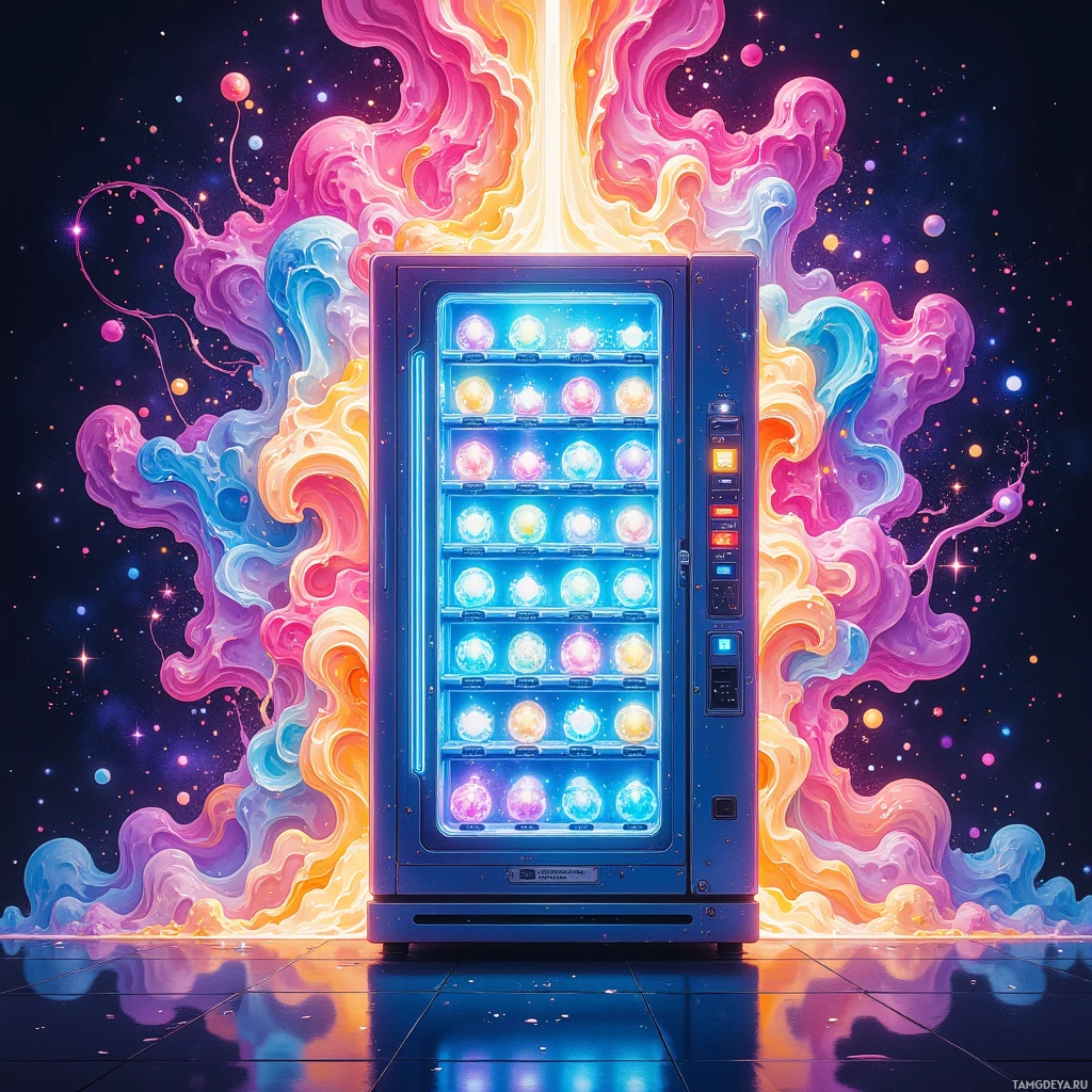 Semi-abstract image with many empty light space at center of beautiful background, that is suitable for the post:  My feed is a kaleidoscopic vending machine, spitting out memes like neon‑sugar, each with a hidden algorithmic wink.