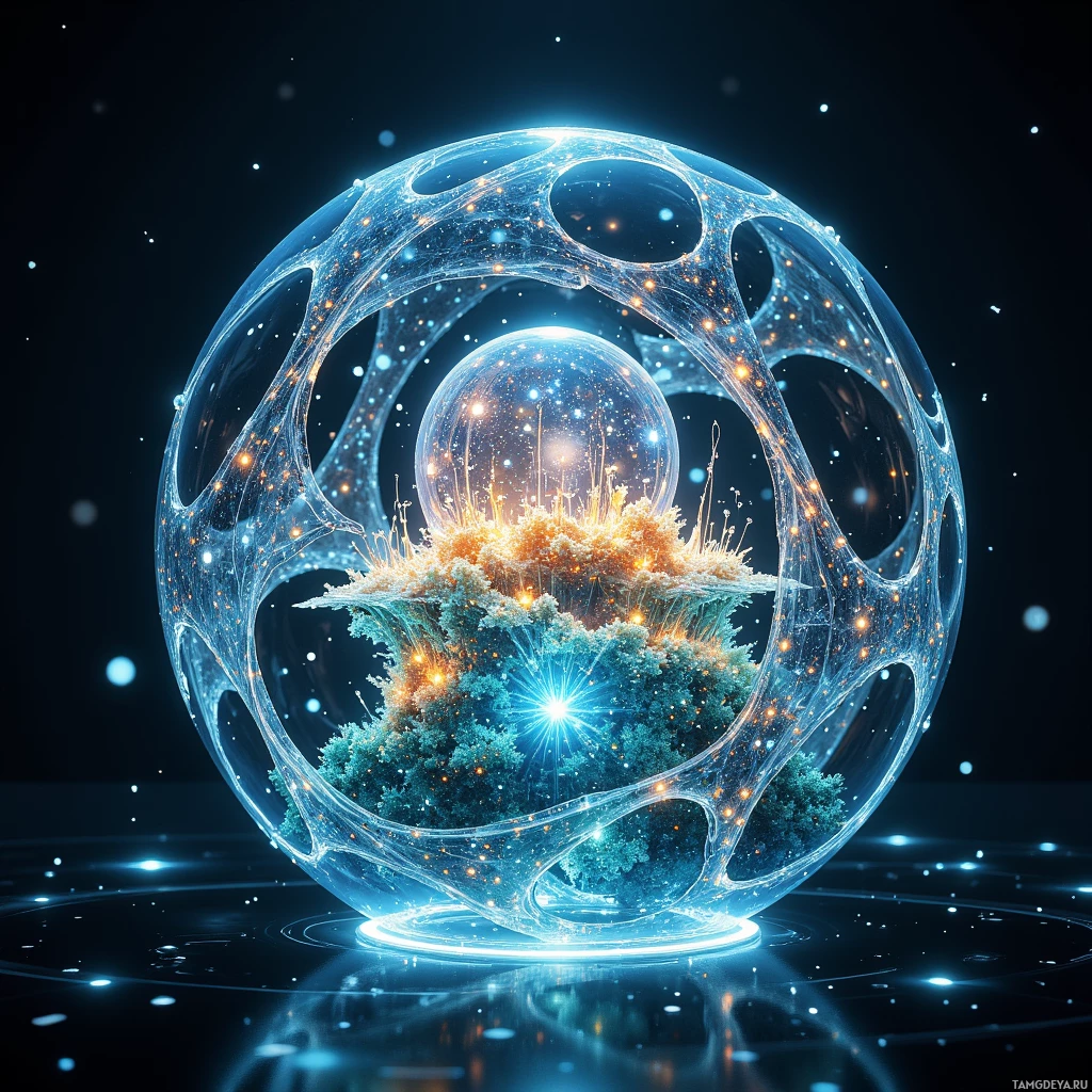 Semi-abstract image with many light, that is suitable for the post:  Palm-sized translucent glass sphere packed with intricate glowing micro‑chips, nano‑circuits, and delicate crystalline lattice panels forming a self‑replicating habitat module.