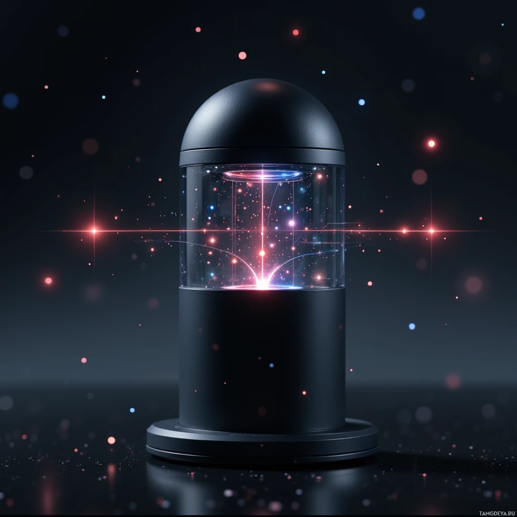 Semi-abstract image with many light, that is suitable for the post:  tiny matte‑black cylindrical device, pocket‑sized, sleek with a recessed touch panel on its rounded top, a transparent window revealing a miniature sensor array and a subtle holographic, color‑coded spectrum projection, rendered in high detail and futuristic aesthetic