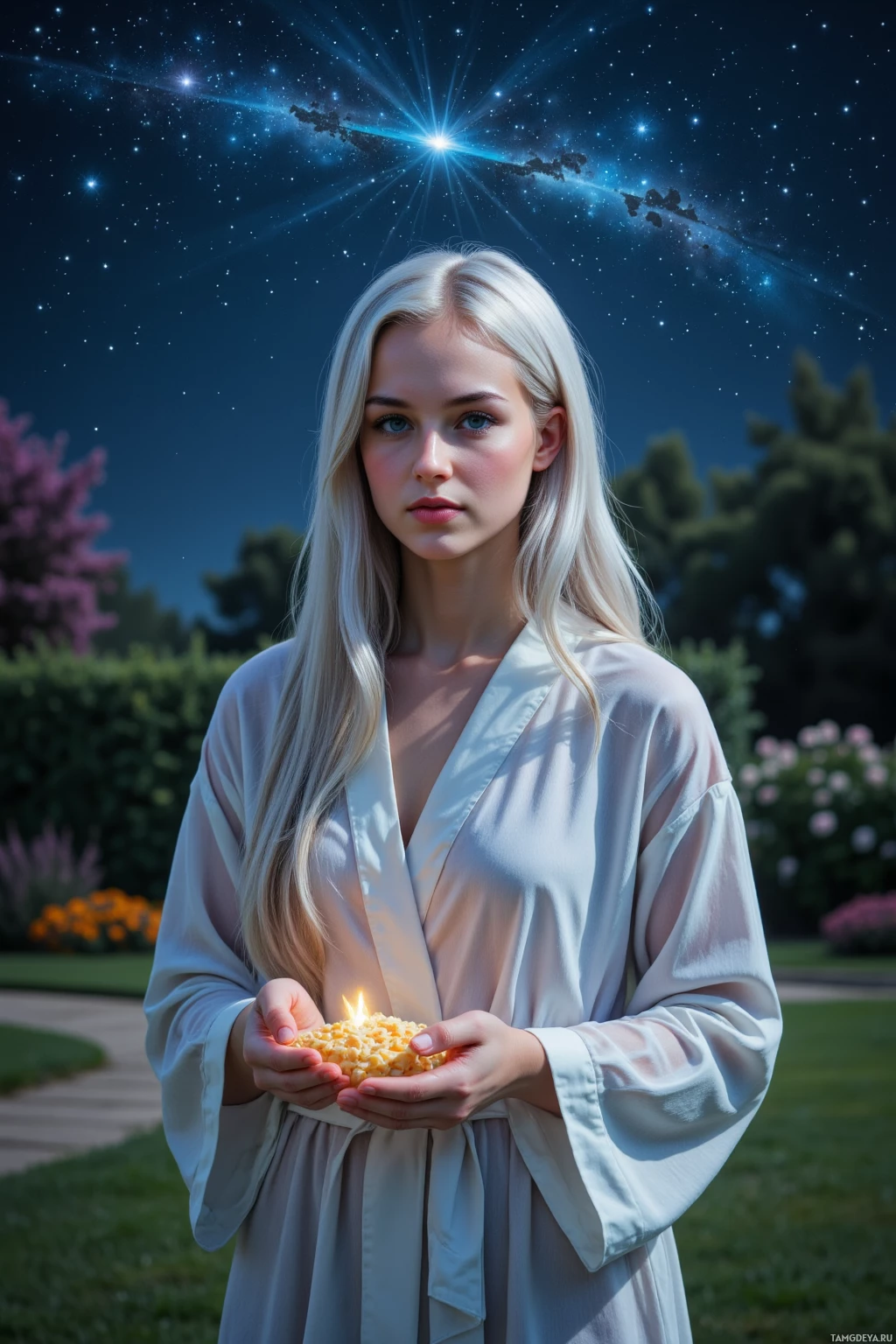 Realistic high quality photo. Woman, 27, long silver hair, soft blue eyes, pale skin, wearing a translucent robe, standing in a quiet night garden, placing a handful of breadcrumbs in a hidden corner, stars shimmering overhead, gentle breeze swirling around her.