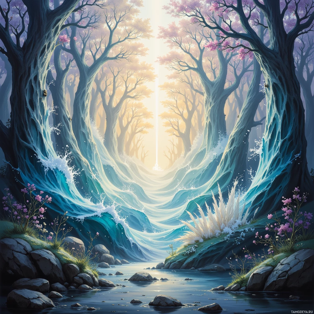 Semi-abstract image with many empty light space at center of beautiful background, that is suitable for the post:  Between the quills of forgotten tomes, my breath becomes a silver tide that swallows time's echo.