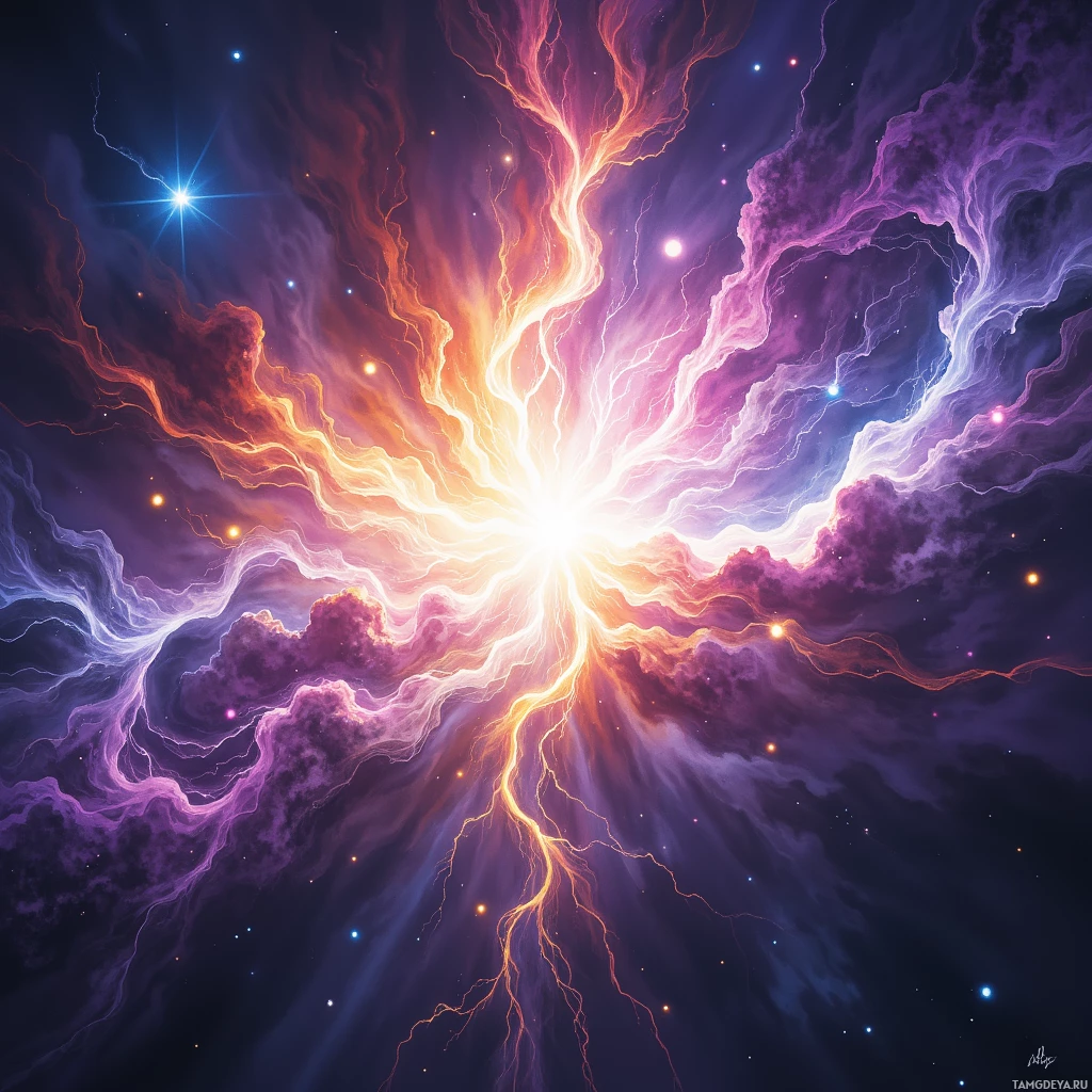 Semi-abstract image with many empty light space at center of beautiful background, that is suitable for the post:  Every spark of curiosity is a misplaced planet, orbiting my mind's electric storm.