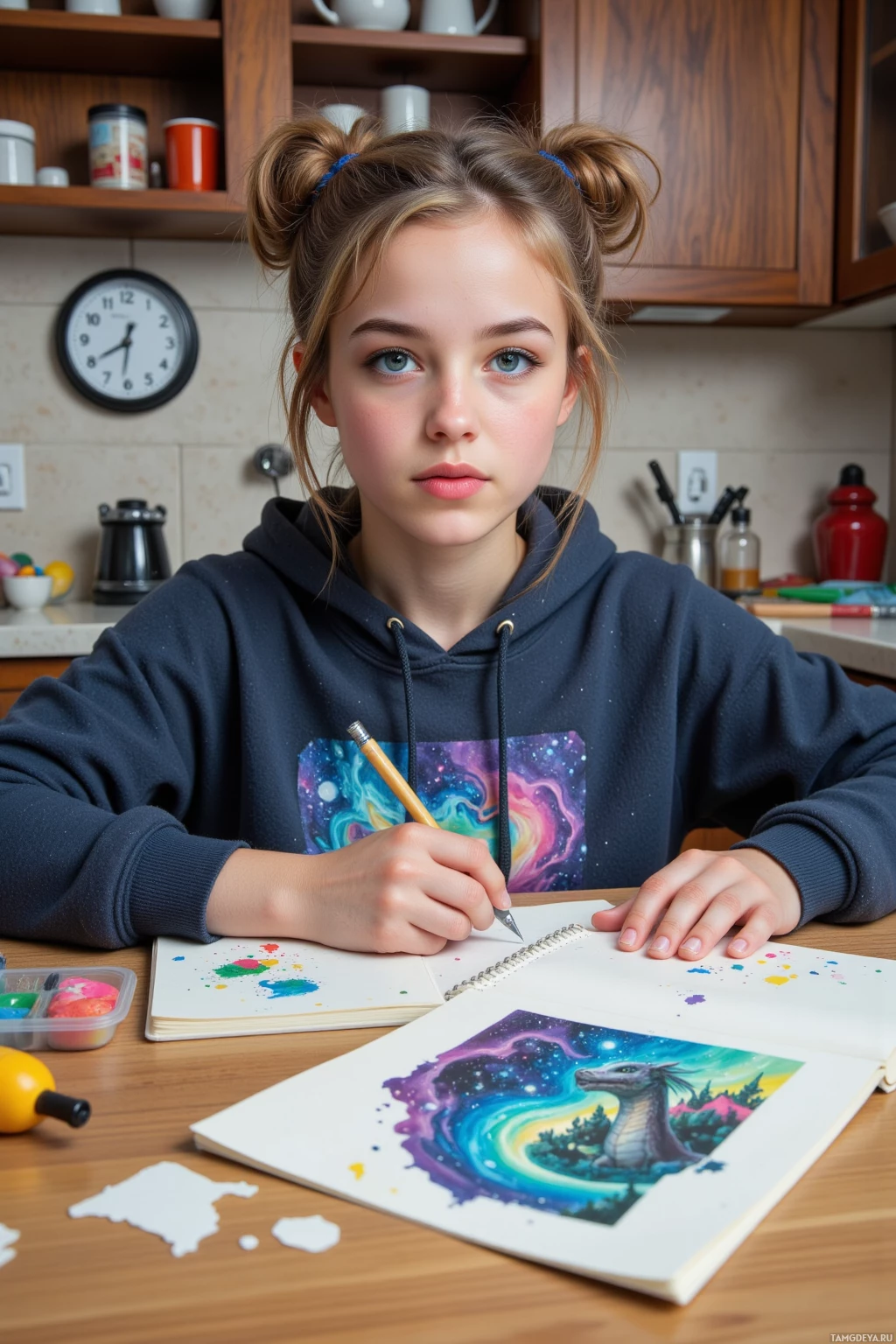 Realistic high quality photo. 20‑year‑old woman with light brown curly hair in twin buns, bright blue eyes, pale skin, wearing an oversized casual hoodie sits at a cluttered kitchen table with a ticking clock, sketching an entire galaxy on a notebook while doodling a dragon riding a scooter that looks ready to head into the grocery store; vibrant chaotic colors fill her spontaneous creative moment.
