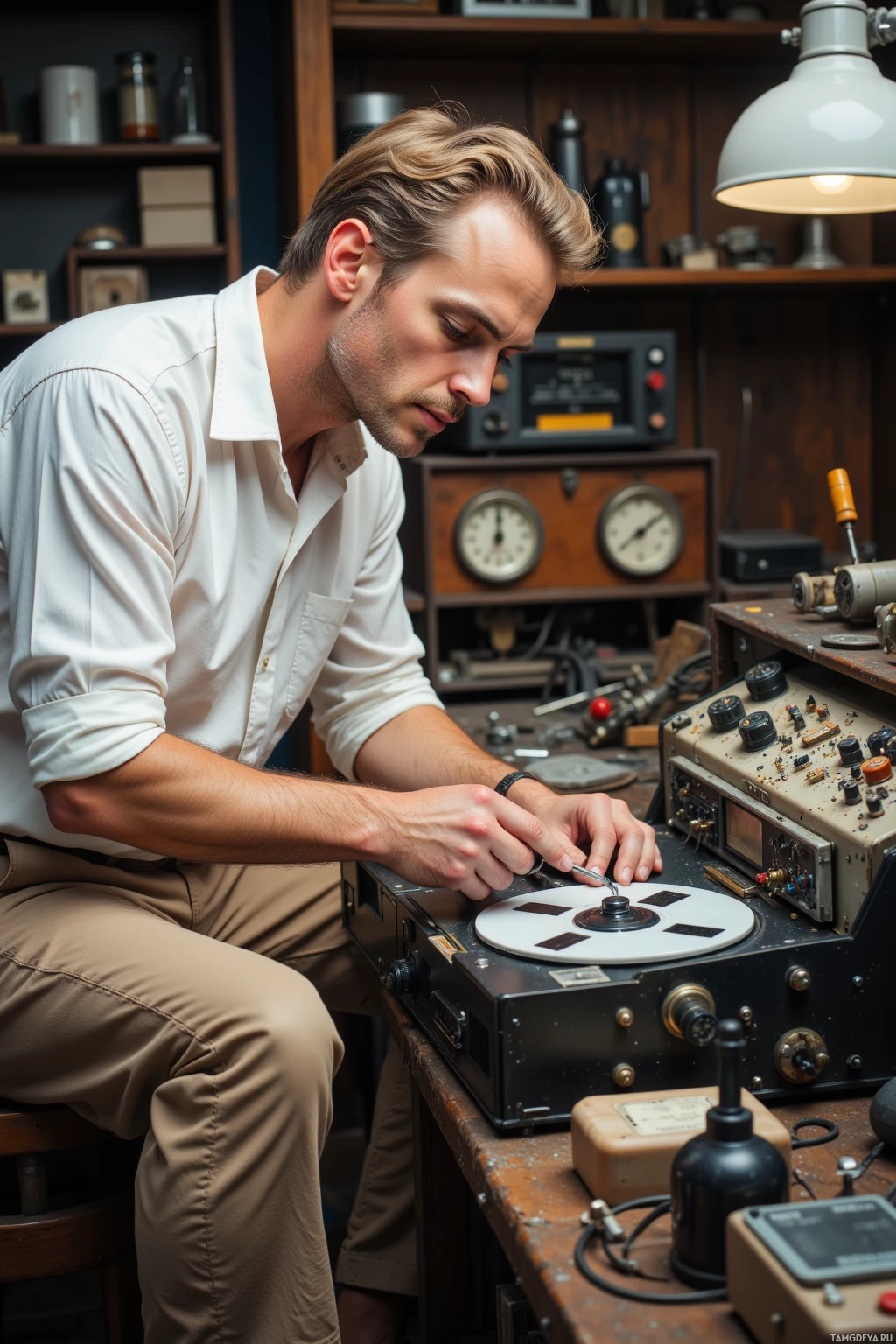Realistic high quality photo. A 40‑year‑old man with short blonde hair, blue eyes, wearing a white button‑down shirt and khaki pants, bent over an old tape recorder in a cluttered workshop, carefully soldering stubborn pins with a screwdriver, surrounded by tools, old components, and a vintage lamp, afternoon light.