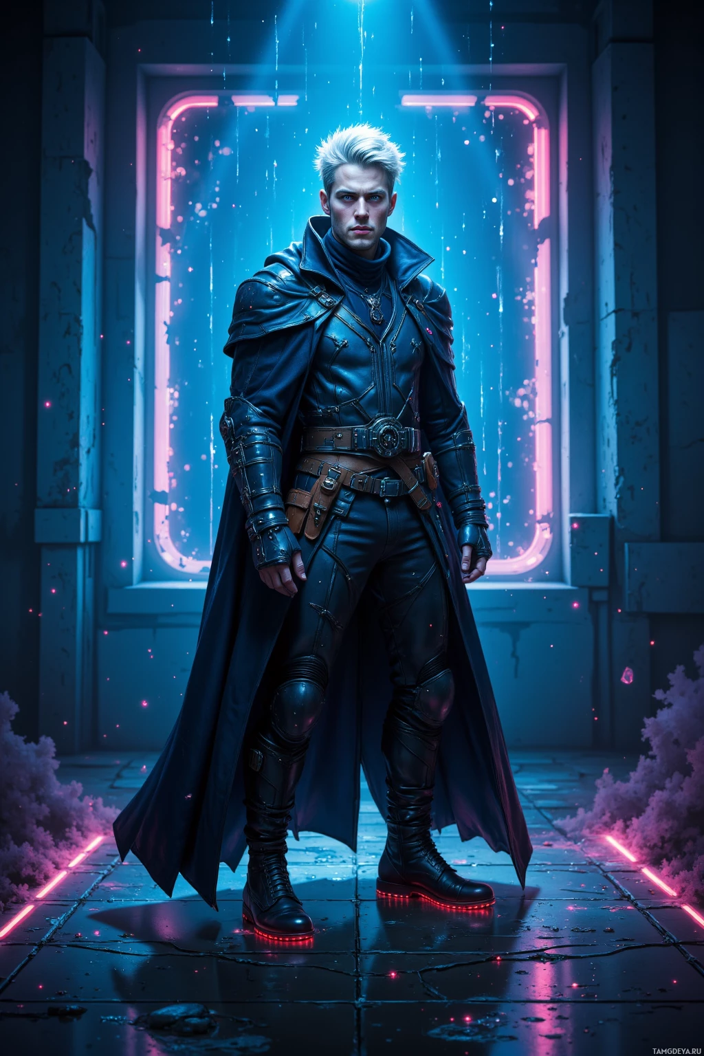 Realistic high quality photo. A 27‑year‑old man with dyed silver hair, sharp blue eyes, pale skin, wearing a sleek futuristic jacket, sturdy combat boots, and a glowing bio‑laser cloak, filming a monologue in a dim studio while neon rain streaks the window and glitchy matrix overlays swirl around him.