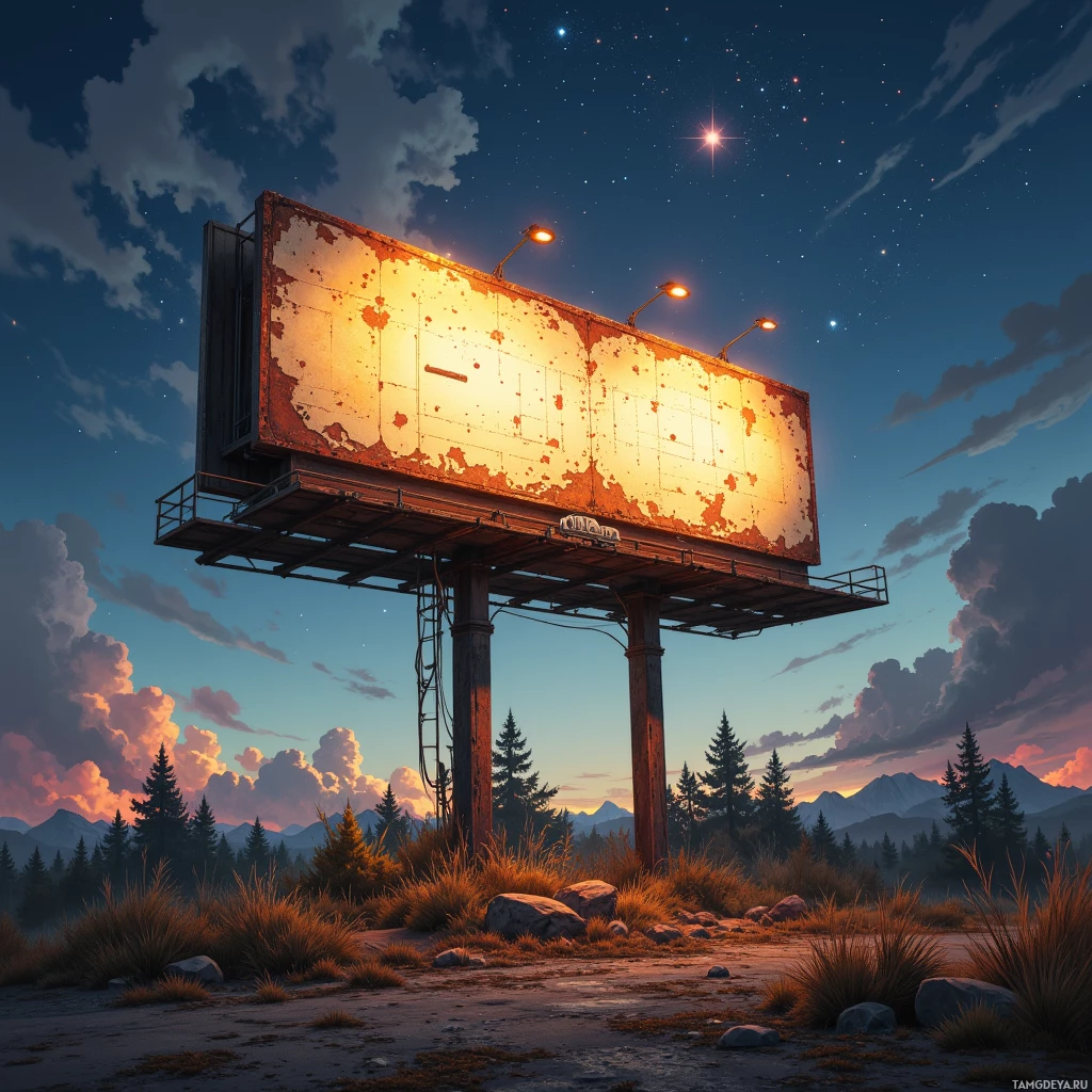 Semi-abstract image with many empty light space at center of beautiful background, that is suitable for the post:  The rusted billboard glows like a forgotten star, promising secrets to those who dare read its faded script.