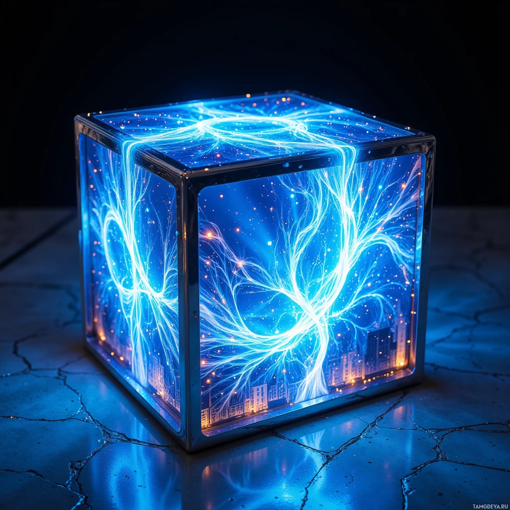 Светящийся синий куб со сложными световыми узорами и маленькими оранжевыми точками внутри, расположенный на потрескавшейся поверхности.