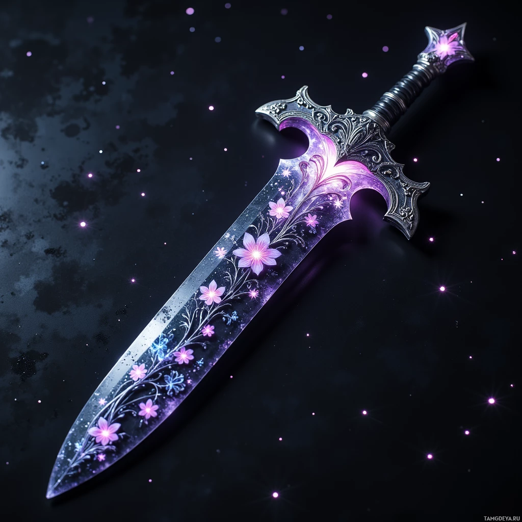 Semi-abstract image with many light, that is suitable for the post:  A midnight obsidian blade with pale rose filigree etched along its edge, faint glowing petals, a polished dark surface with subtle rippling light, and a slender handle of dark steel.