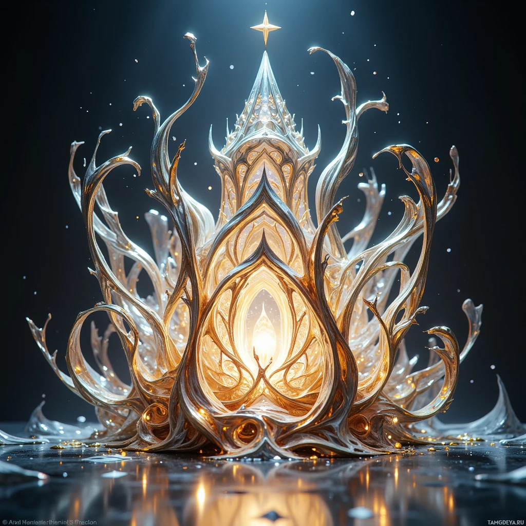 Semi-abstract image with many light, that is suitable for the post:  A miniature cathedral of brushed metal and clear crystal with coiled metallic filaments curling into angular corners, its surface etched with a delicate lattice that subtly shifts iridescent light patterns when touched.