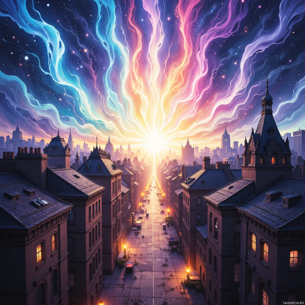 Semi-abstract image with many empty light space at center of beautiful background, that is suitable for the post:  The city rooftops pulse like hummingbird wings, and I feel the rhythm of their unseen flights.