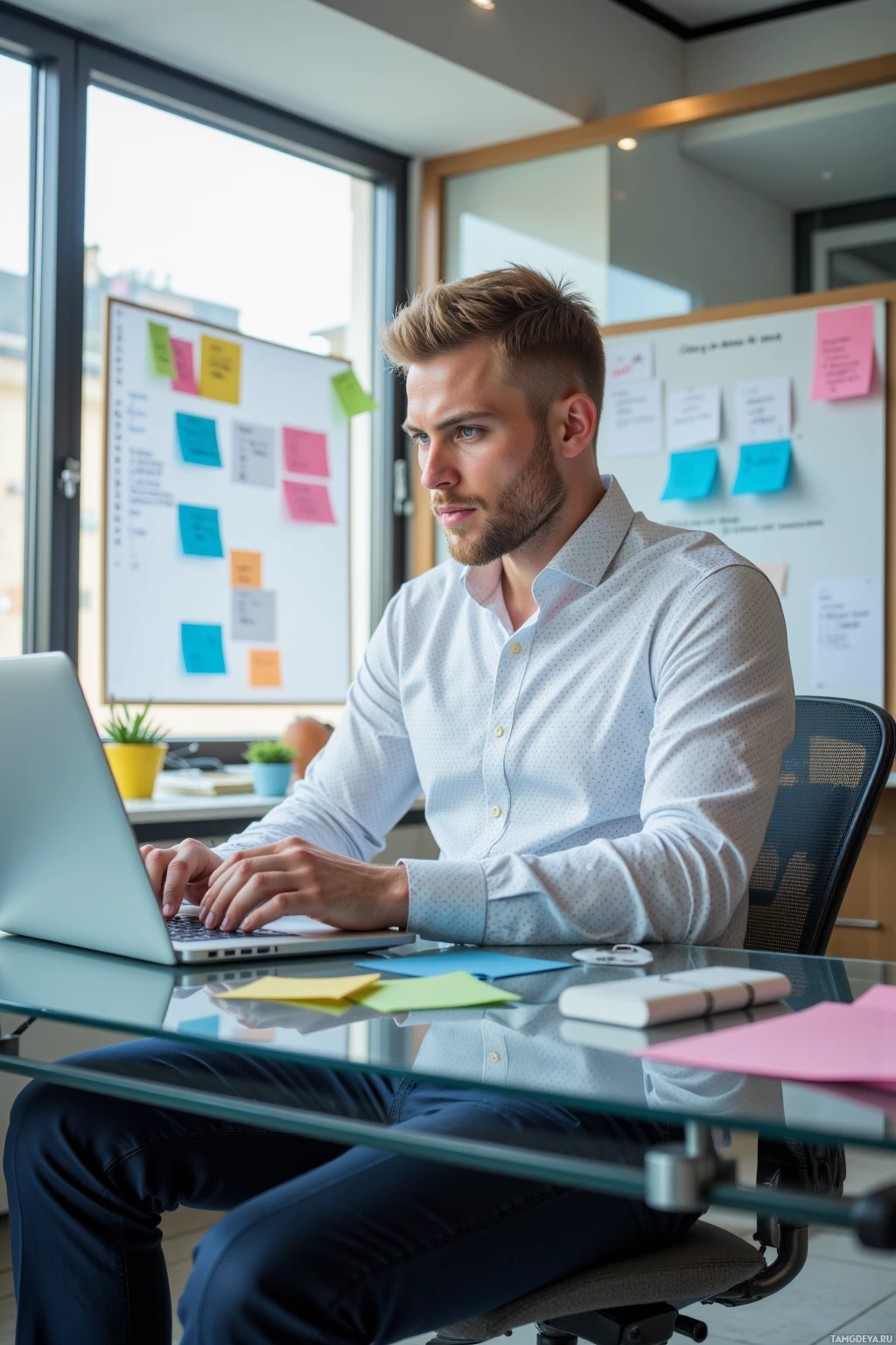 Realistic high quality photo. A man with short blonde hair, sharp blue eyes, wearing a crisp white patterned shirt and tailored dark trousers sits at a glass office desk in the afternoon, intensely focused on a laptop displaying complex nested queries that he refactors into a single clean card view, surrounded by sticky notes, code blocks, and meticulous checks.