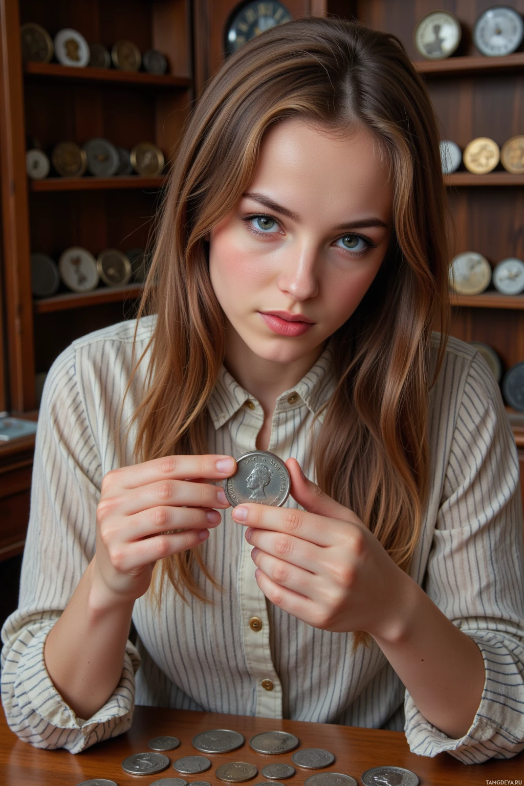 Realistic high quality photo. A 41‑year‑old woman with long light brown hair and blue eyes in a vintage striped blouse, carefully examining a 1870 silver coin under a magnifying glass amid shelves of old coins in an antique shop bathed in warm afternoon light.