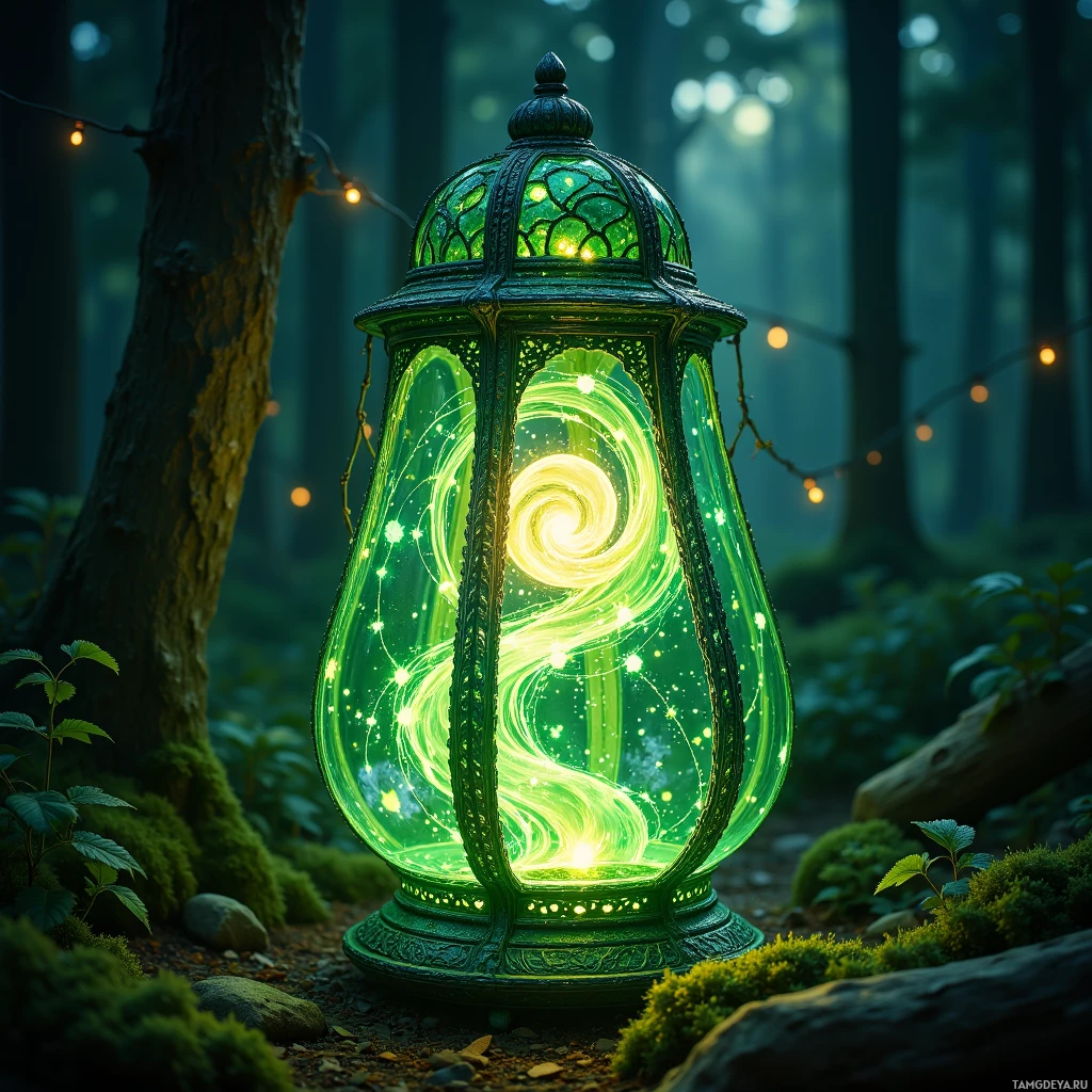 Semi-abstract image with many light, that is suitable for the post:  A lantern woven from silver-threaded moon silk spiders, its translucent green casing glowing softly with an inner swirling vortex that draws in breezes to emit faint musical notes and whisper forest secrets when the core is pressed.