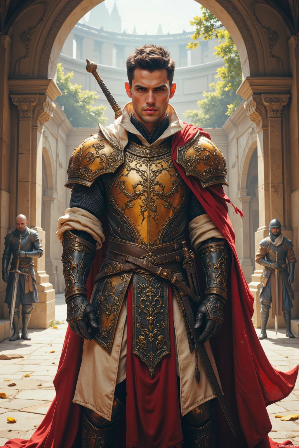 Realistic high quality photo. Male, 33, tall man with striking red eyes and short neatly trimmed black hair, stoic expression, wearing ancient ornate armor adorned with mystical symbols, stands in a sunlit stone courtyard watching novice warriors tangle with their blades amid scattered steel swords, the ground faintly resonating beneath his feet.