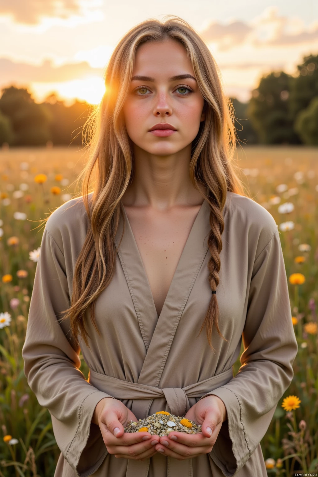 Realistic high quality photo. A serene 28‑year‑old woman with long dark‑blonde braided hair, deep brown eyes, high cheekbones, and full lips, wearing flowing earth‑toned organic robes, stands in a sunlit meadow at sunrise, surrounded by crushed sage and a quiet circle of moonflower petals, her palms open as she breathes softly, whispering gratitude to the hidden cracks in the earth.