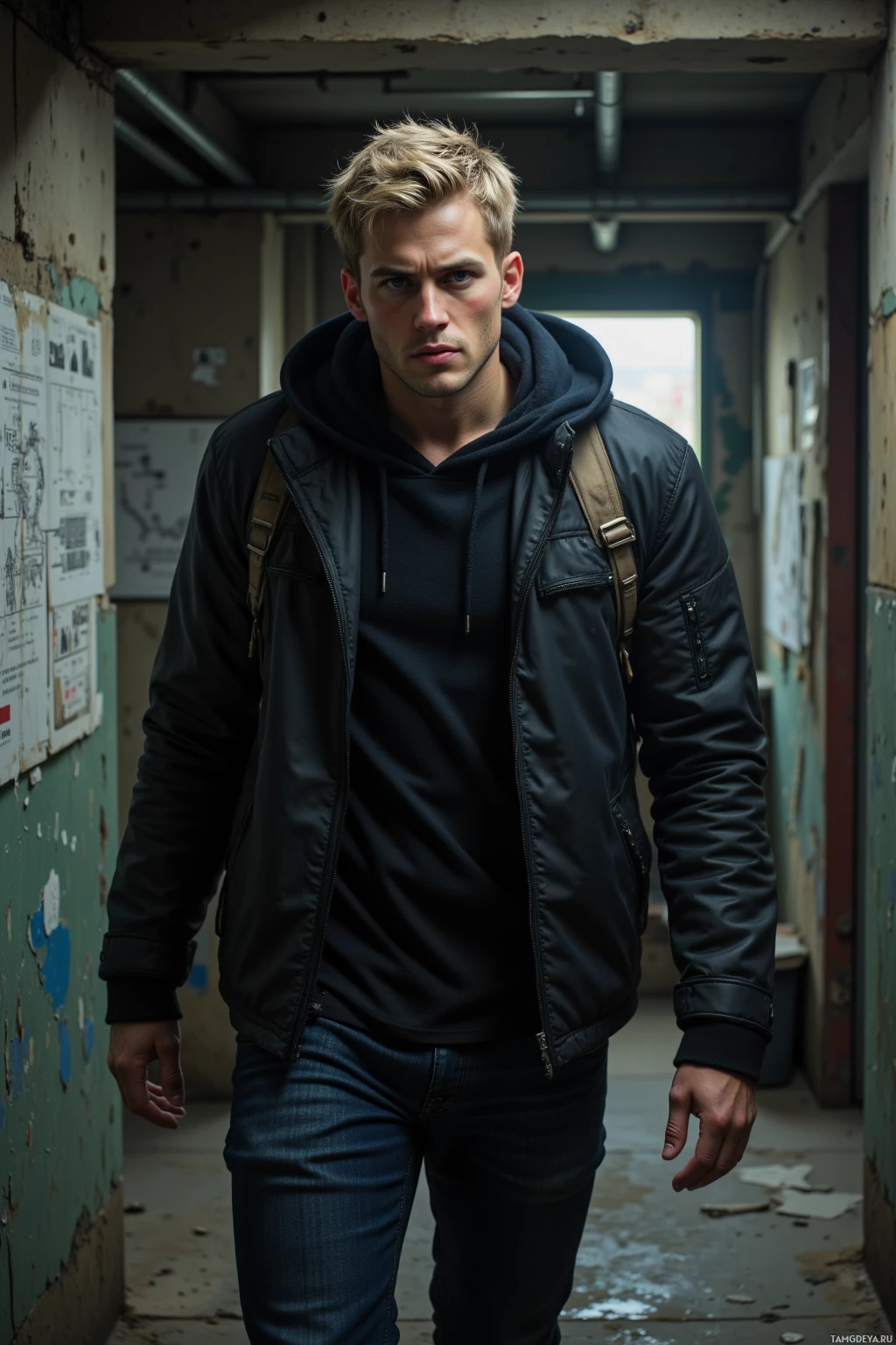 Realistic high quality photo. Tall 30‑year‑old man with pale skin, messy light blonde hair, piercing blue eyes, strong jawline, in a dark hooded jacket over a black shirt and dark jeans, walking cautiously through a dim, dusty service tunnel with a weathered door half hidden behind a painted wall, into a small damp chamber where old blueprints cling to the walls, morning light filtering through a crack, his tense posture and focused gaze reflecting curiosity and unease in a modern urban setting.