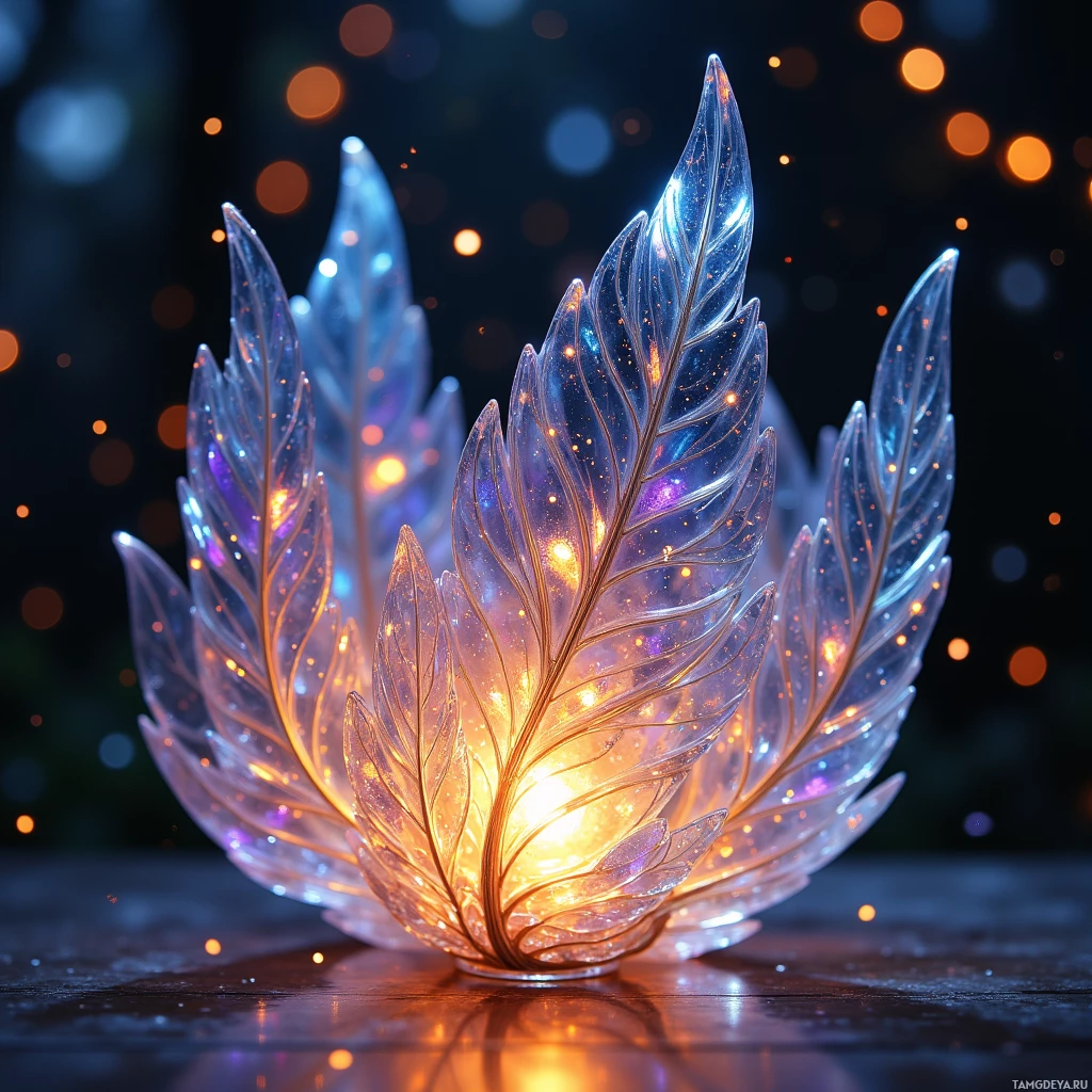 Semi-abstract image with many light, that is suitable for the post:  A delicate translucent crystal lantern with feather‑shaped glass wings shimmering in twilight hues, casting subtle luminous constellations and softly shifting iridescent colors.