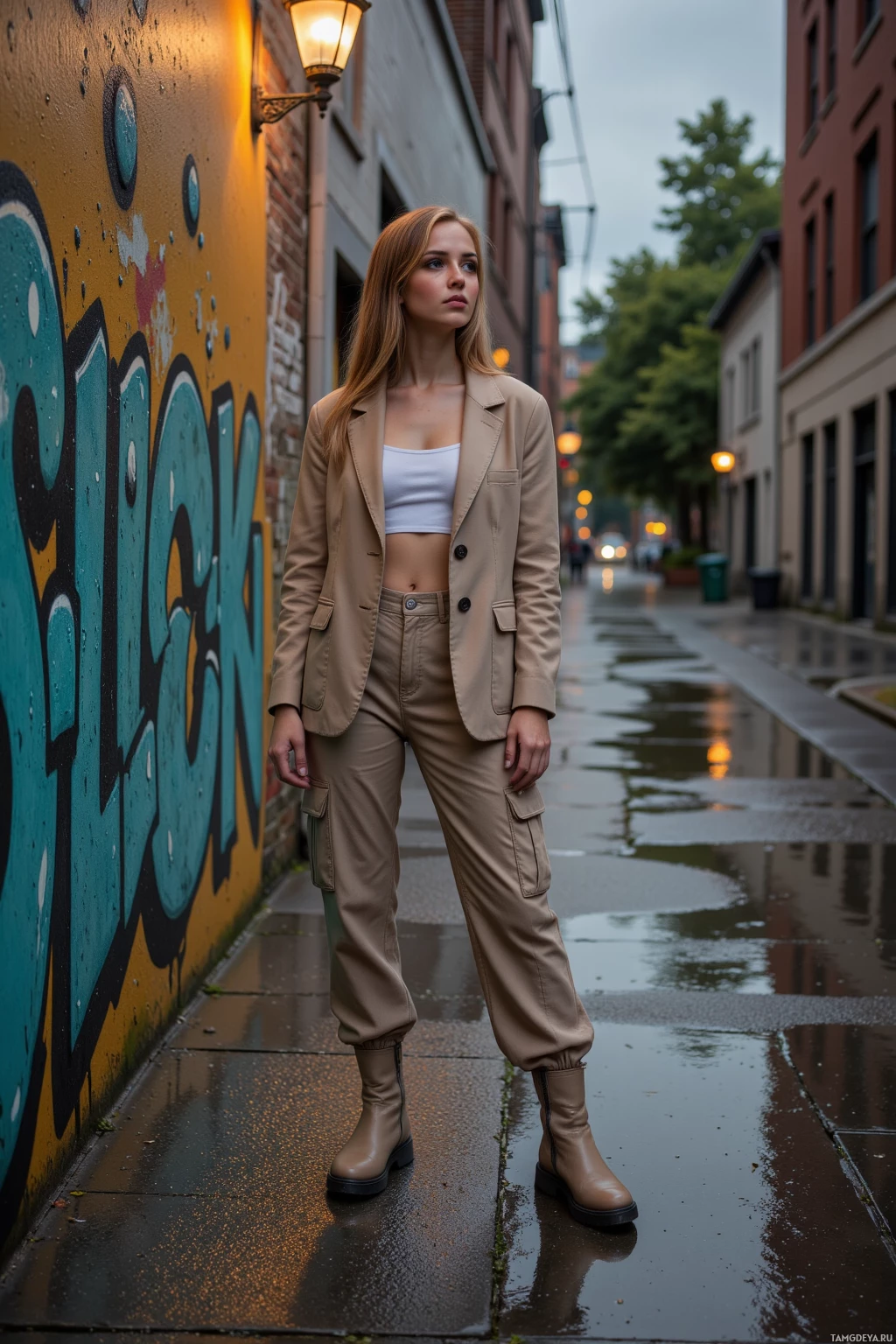 Realistic high quality photo. A 26‑year‑old woman with long light brown hair, blue eyes and pale skin, wearing an oversized beige blazer over a white crop top, high‑waisted cargo pants and chunky beige boots, standing in a damp back‑street alley at dusk, gazing at a wet wall covered in muted gold and bruised teal graffiti while holding a designer coffee cup, with rain‑slick asphalt reflecting subtle streetlight glow, photographed without filters.