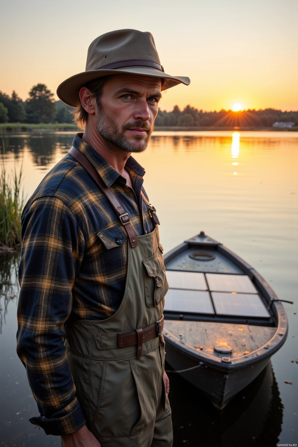 Realistic high quality photo. A 32‑year‑old rugged fisherman with short sandy hair, intense green eyes, wearing a worn fishing hat, flannel shirt, rugged waders, stands beside a small solar‑powered boat on a calm river at sunrise, solar panels silent, the river current gently flowing, his stoic grin reflecting subtle wisdom.
