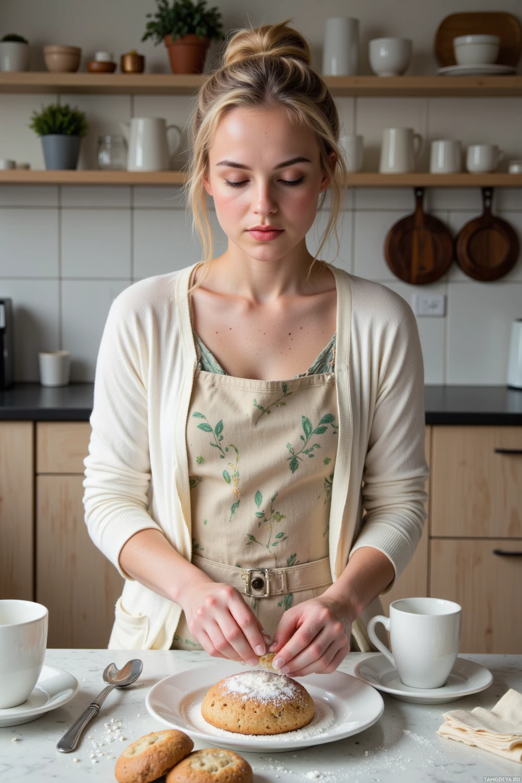 Realistic high quality photo. Woman, 28, wavy blonde hair in a loose bun and blue eyes, wearing a soft cream cardigan over a patterned apron and linen skirt, kneading flour on her fingers while arranging mismatched teacups on a kitchen table, with a sourdough starter bowl beside a slightly salty cookie on a plate, folded heart‑shaped napkins on a velvet linen floor, all illuminated by warm indoor light in a modern realistic kitchen.