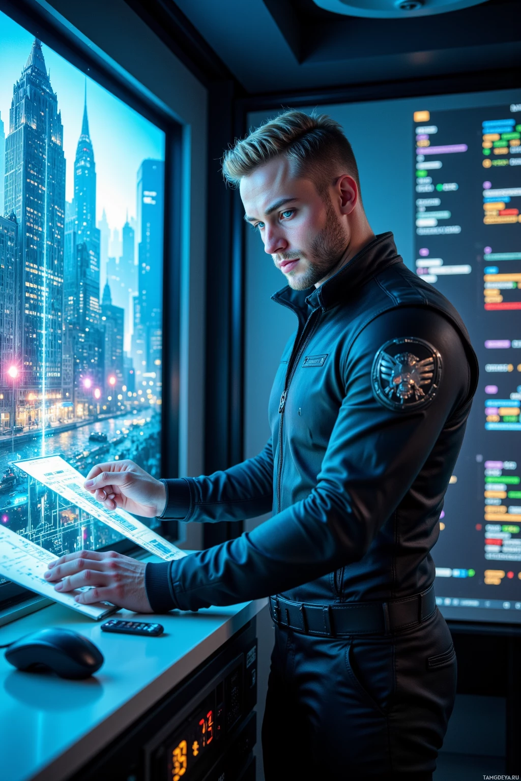 Realistic high quality photo. Male, 32, slicked-back blonde hair, piercing blue eyes, fair skin, wearing a sleek black jumpsuit with metallic accents, standing in a high‑tech control room with holographic projection of an old cityscape pulsing with neon glow, manipulating code streams, focused and solitary, late evening.