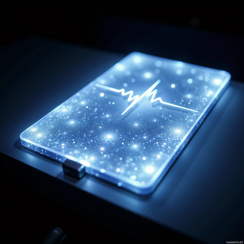 Semi-abstract image with many light, that is suitable for the post:  Translucent glass slate tablet, sleek and minimalistic, smooth surface with embedded micro-LEDs glowing softly in rhythmic pulses, faint heartbeat-inspired light patterns, subtle reflective sheen, chrome accents.