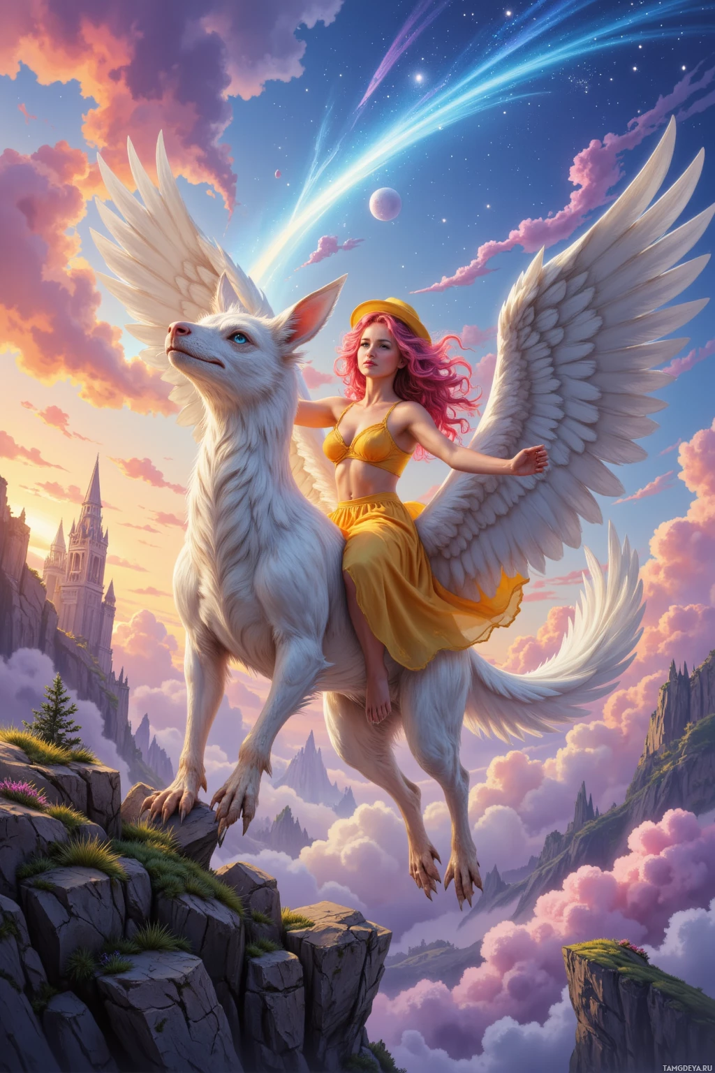 Realistic high quality photo. A cheerful 26‑year‑old woman with curly pink hair, bright blue eyes, wearing a yellow sundress and matching hat, soaring on a griffin with silver wings over a northern ridge, chasing a silver comet, amid towering crystal towers and floating pine‑covered islands beneath a sky of bright colors at sunrise.