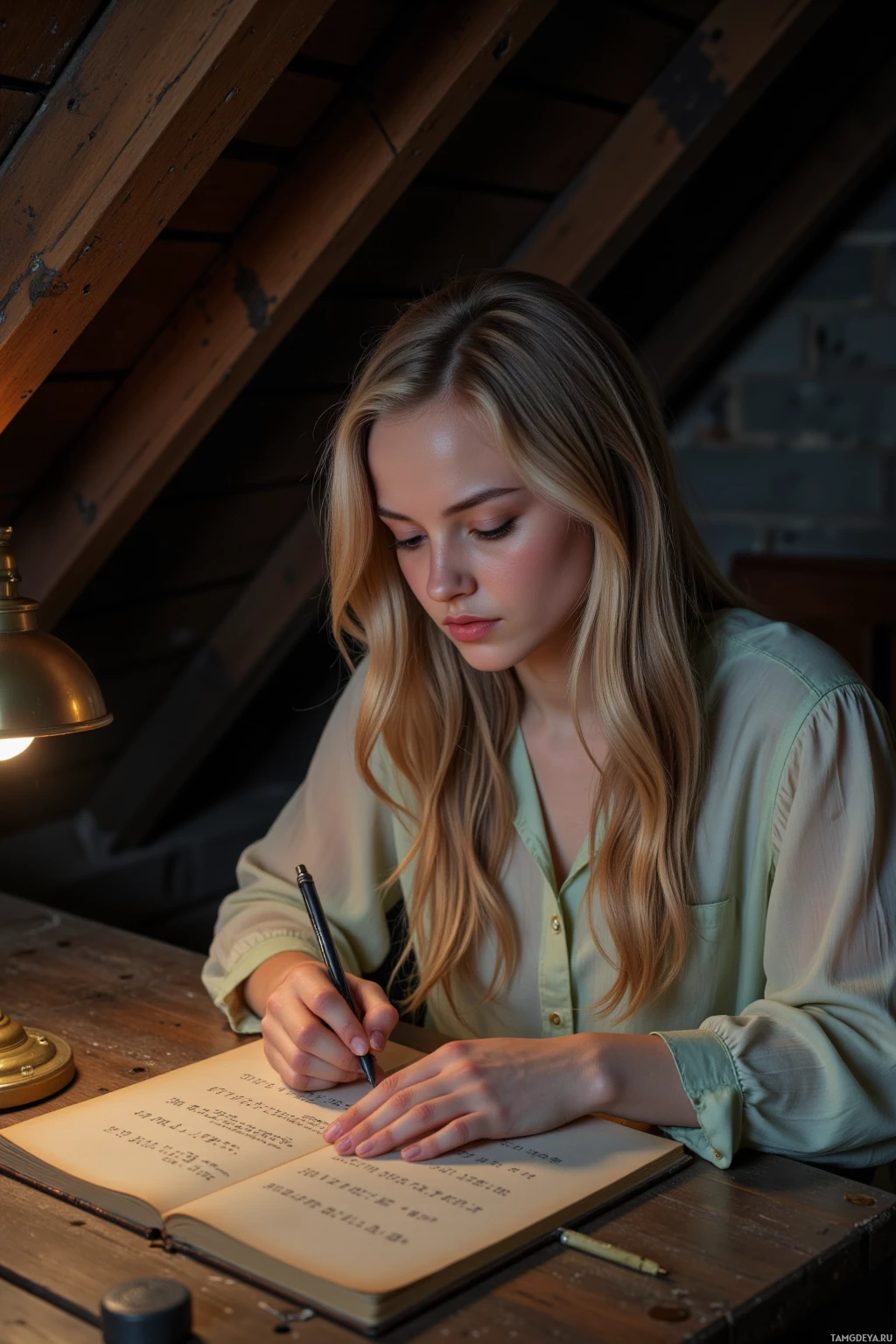 Realistic high quality photo. 29‑year‑old woman with flowing blonde hair and soft blue eyes in a light pastel dress, delicately tracing an ancient rune on a worn notebook page inside a dim attic lit by a single lamp, dust mote drifting like a forgotten star among old wooden walls at night.
