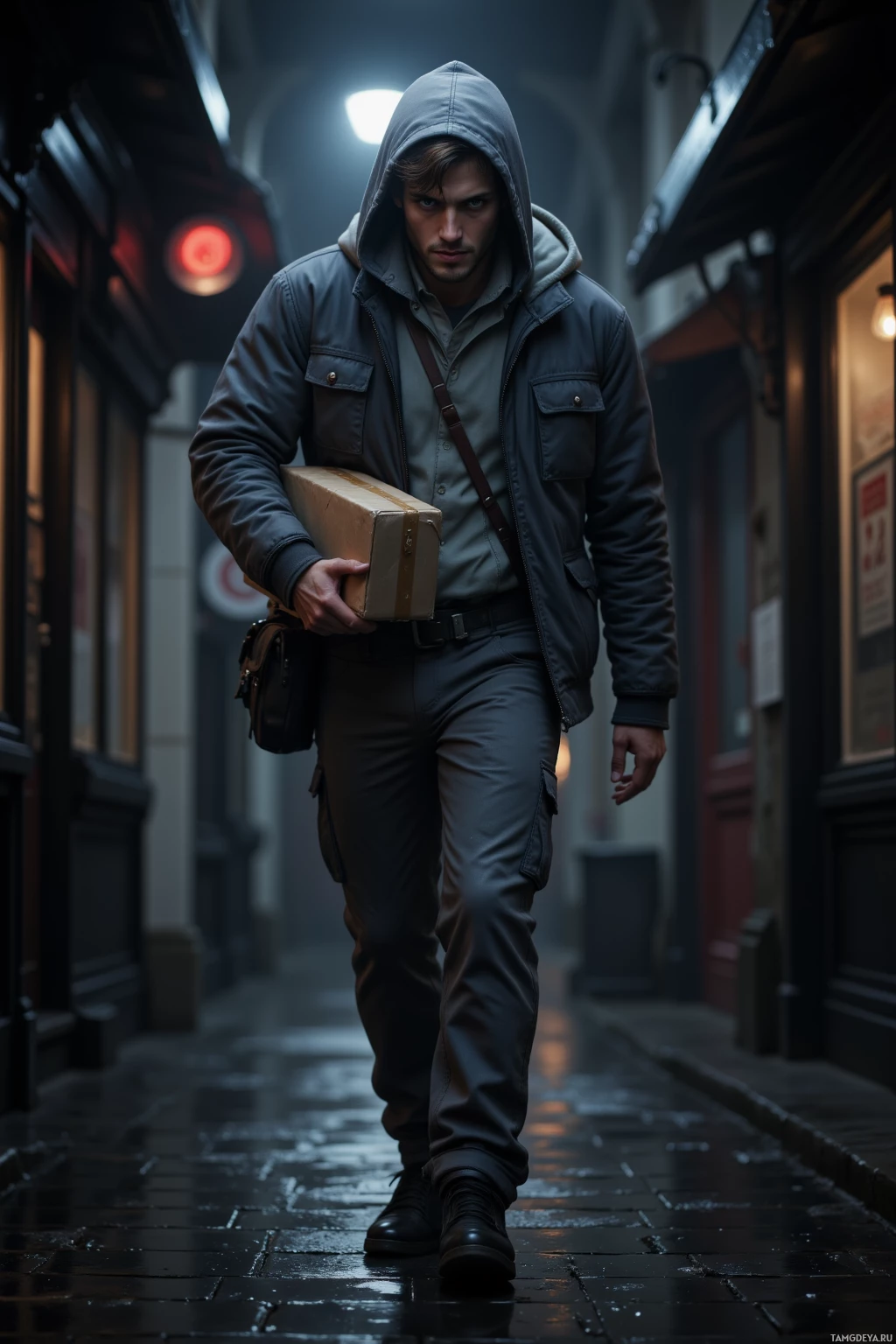 Realistic high quality photo. A tall male courier with messy dark brown hair, piercing green eyes, wearing a gray hooded jacket and matching pants, quietly slipping through a dimly lit city alley at night while carrying a small package, his shoulders squared, expression focused, wet cobblestones reflecting muted streetlight.