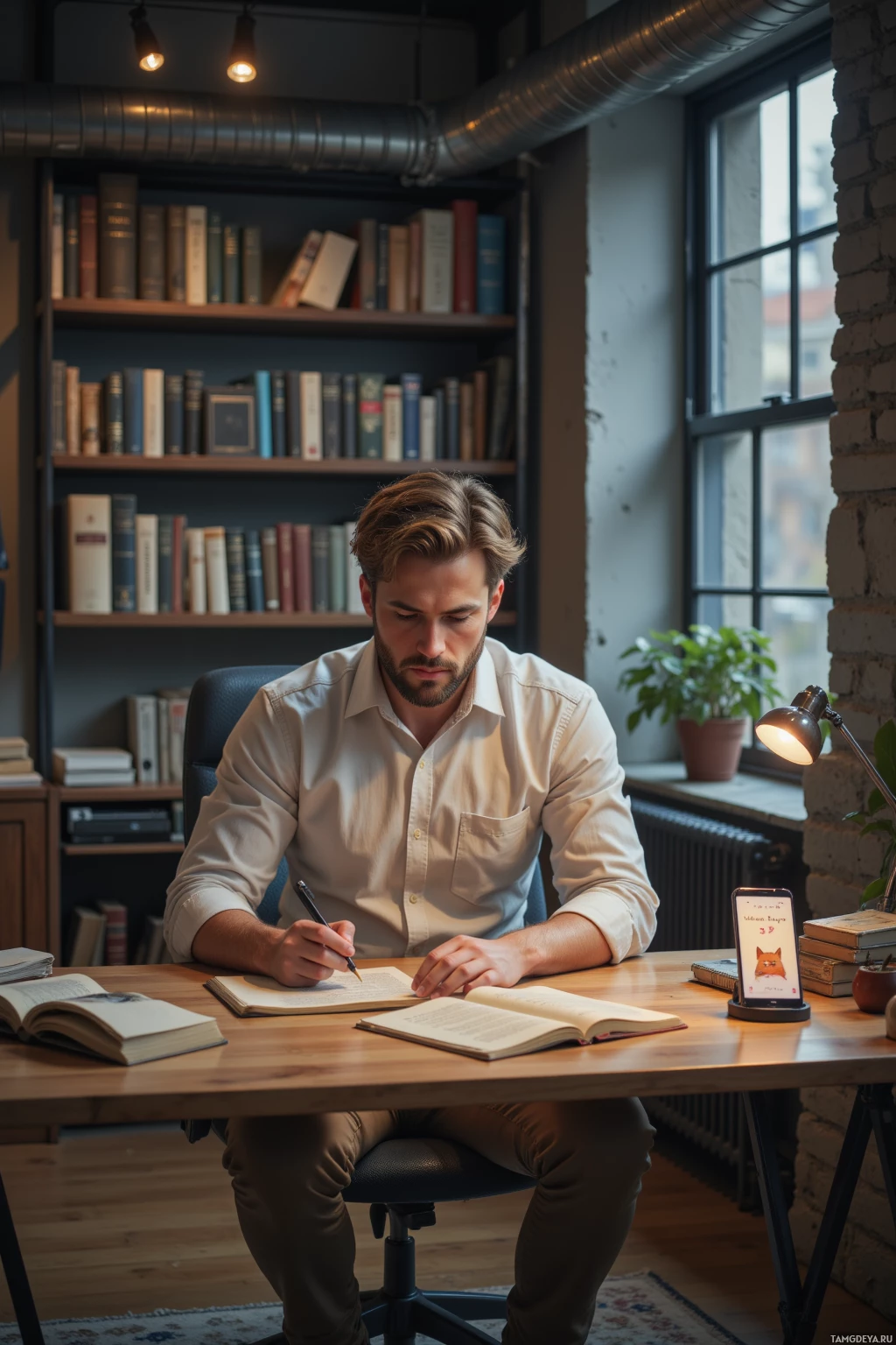 Realistic high quality photo. A 34‑year‑old man with light brown hair streaked with white and blue eyes, wearing a pale button‑down shirt and beige trousers, sits in a modern apartment, writing repeatedly in a notebook on a wooden desk while a metal ventilation duct hums overhead, surrounded by stacks of old books, a small lamp, and a phone screen glowing with a cat emoji.