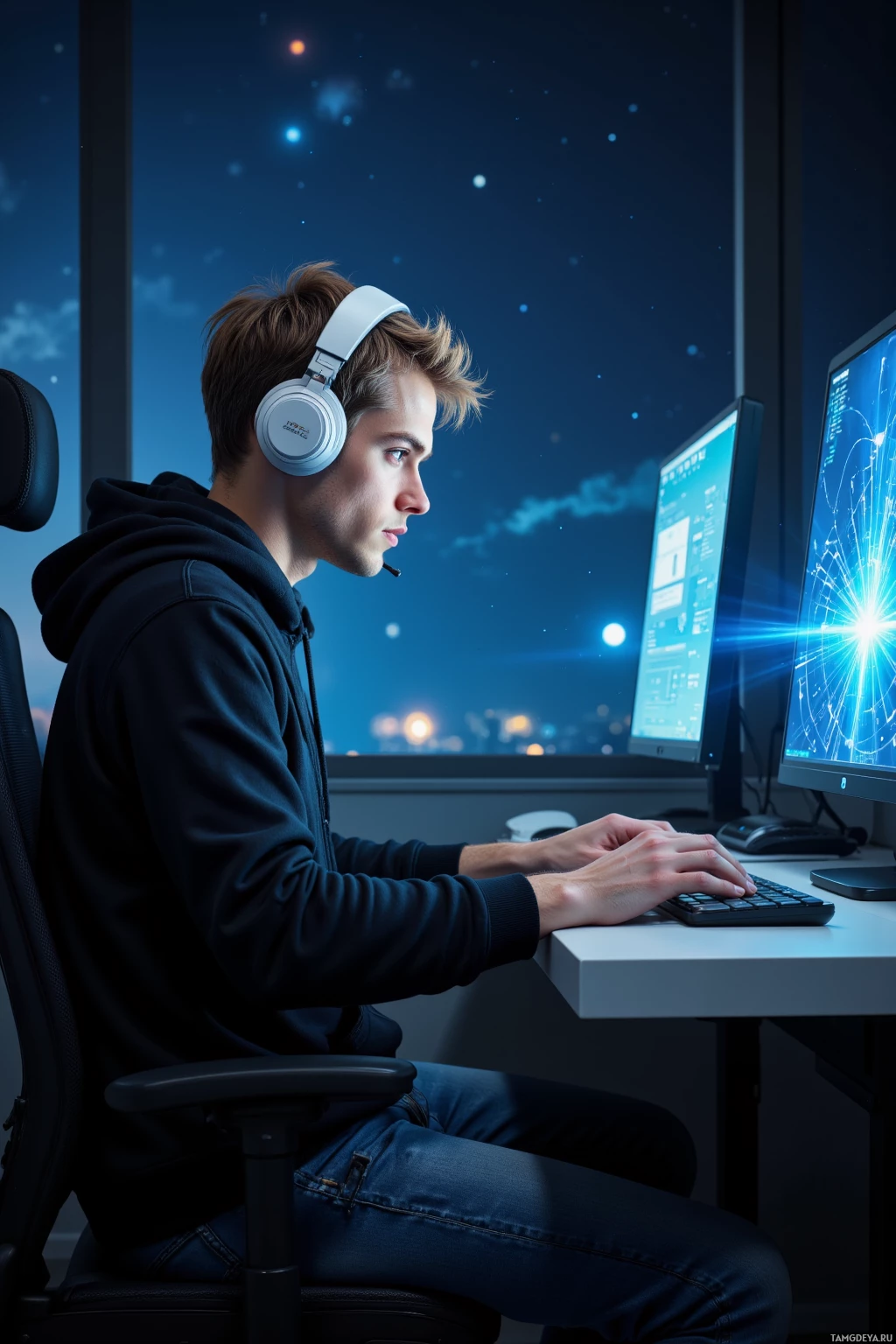 Realistic high quality photo. Male software engineer with short dark blonde hair, bright blue eyes, wearing a black hoodie, white headphones, comfortable jeans, focused as he types code into a flickering holographic screen pulsing like a binary heartbeat in a dimly lit workstation, with subtle quantum shimmer around the display and stars visible through the window.