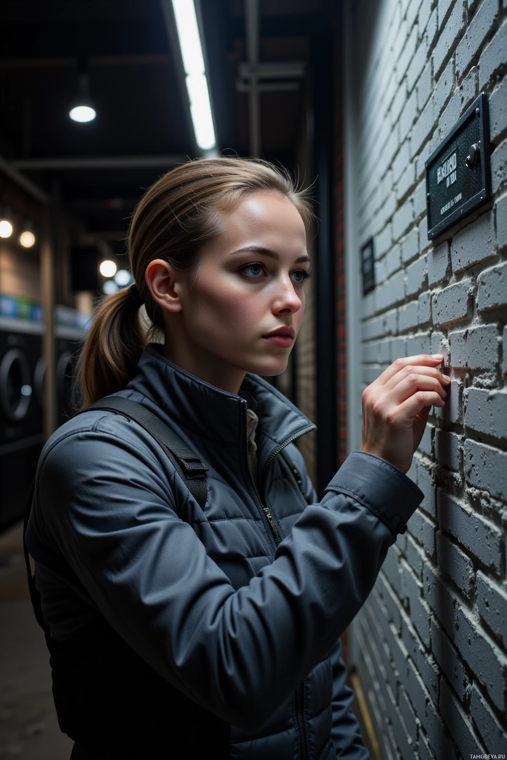Realistic high quality photo. Woman, 27, light brown ponytail, green eyes, wearing a charcoal gray tactical jacket over a pale shirt, standing in a brick alley behind a laundromat at 3 a.m., inspecting an infrared sensor on a wall painted in matte gray that blends into the brick, flickering streetlights casting deep shadows, a carbon fiber strip on the wall absorbing glare, her posture calm and quietly intense.