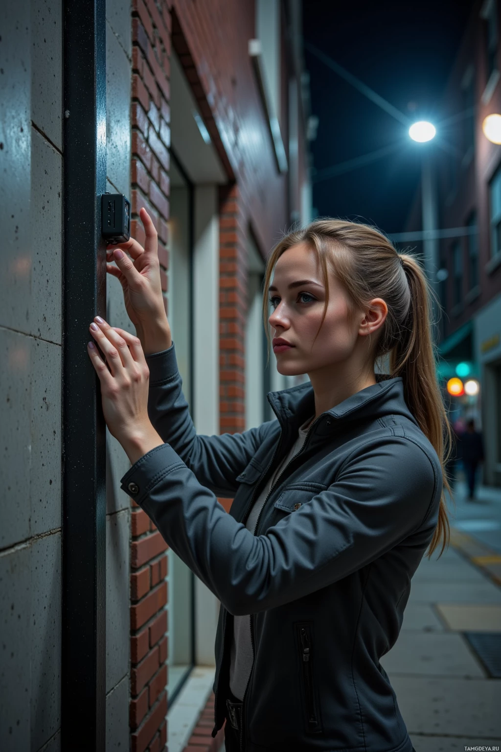 Realistic high quality photo. Woman, 27, light brown ponytail, green eyes, wearing a charcoal gray tactical jacket over a pale shirt, standing in a brick alley behind a laundromat at 3 a.m., inspecting an infrared sensor on a wall painted in matte gray that blends into the brick, flickering streetlights casting deep shadows, a carbon fiber strip on the wall absorbing glare, her posture calm and quietly intense.