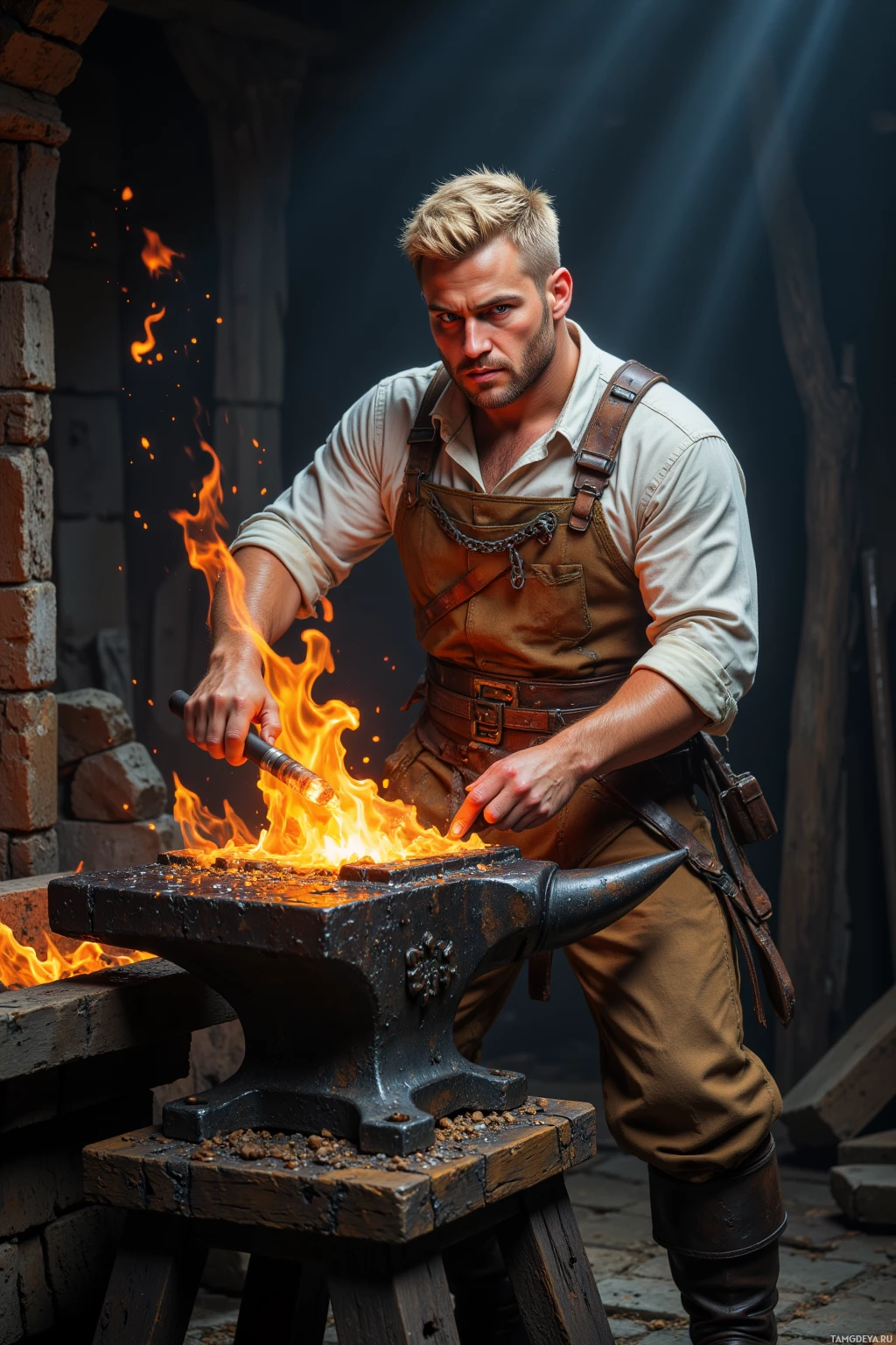 Realistic high quality photo. Rugged 35‑year‑old male Rustforge, short‑cropped blonde hair, piercing blue eyes, weathered tan, wearing a worn leather apron over a simple white shirt, sturdy brown trousers, heavy work boots, hammering a relic on a glowing anvil inside a dim forge with flickering flames, sparks, and swirling metal dust, day.