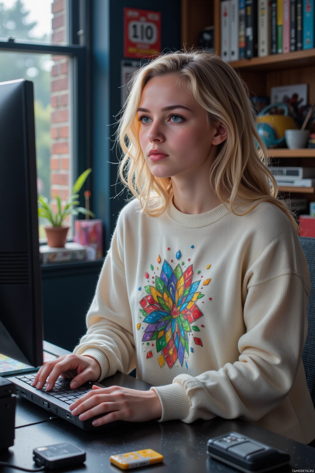 Realistic high quality photo. Female 24-year-old woman with curly blonde hair, bright blue eyes, smooth complexion wearing an oversized sweater featuring pixel art patterns, intensely working at a cluttered home studio desk under soft morning light, glow from a computer monitor showing her glitch‑laden princess character in blocky armor leaping above the screen surrounded by retro gaming posters and scattered cartridge remnants.