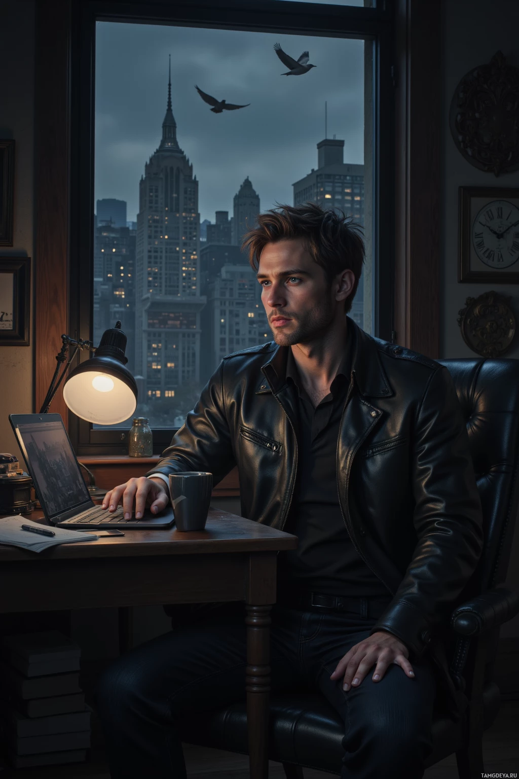 Realistic high quality photo. A 29‑year‑old man with messy light brown hair, piercing blue eyes, pale skin, wearing a fitted dark leather jacket and dark jeans, sits upright in a dimly lit living room with a cluttered desk, a laptop open, a coffee mug and notebook beside him, staring out the window at a flock of pigeons silhouetted against a blackened city skyline during a blackout, the room illuminated only by a desk lamp.