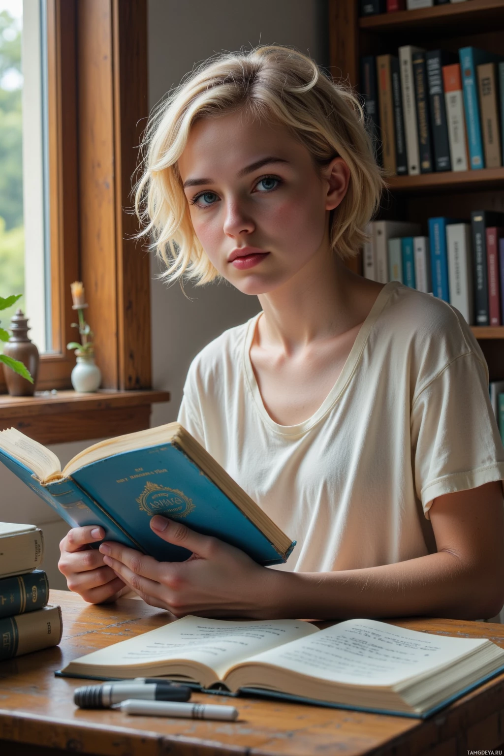 Человек читает книгу за столом, рядом с которым лежат стопка книг и ручки.