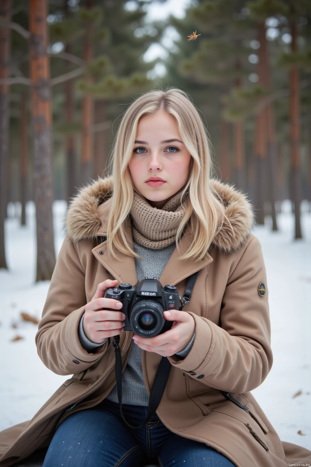 Человек в зимней куртке с фотоаппаратом на фоне заснеженного леса.
