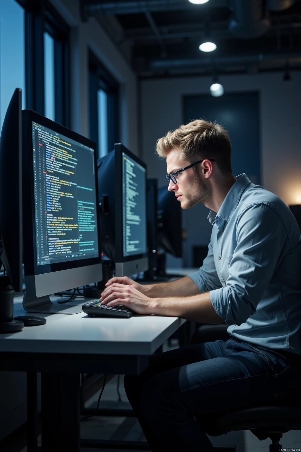Realistic high quality photo. A 27‑year‑old male with short blonde hair, clear blue eyes behind minimalist rectangular glasses, pale skin contrasting a neat light grey button‑down shirt and dark jeans sits in a dimly lit modern office at night, intensely focused on dual glowing monitors displaying cascading server logs, one hand hovering over the keyboard while his other rests against the screen as he whispers to it, reflecting analytical concentration and quiet pride.