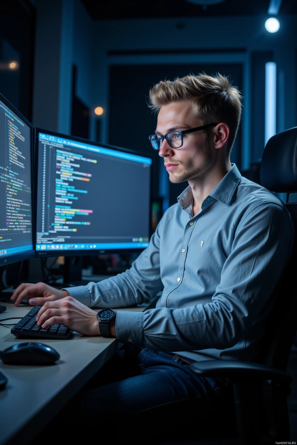 Realistic high quality photo. A 27‑year‑old male with short blonde hair, clear blue eyes behind minimalist rectangular glasses, pale skin contrasting a neat light grey button‑down shirt and dark jeans sits in a dimly lit modern office at night, intensely focused on dual glowing monitors displaying cascading server logs, one hand hovering over the keyboard while his other rests against the screen as he whispers to it, reflecting analytical concentration and quiet pride.