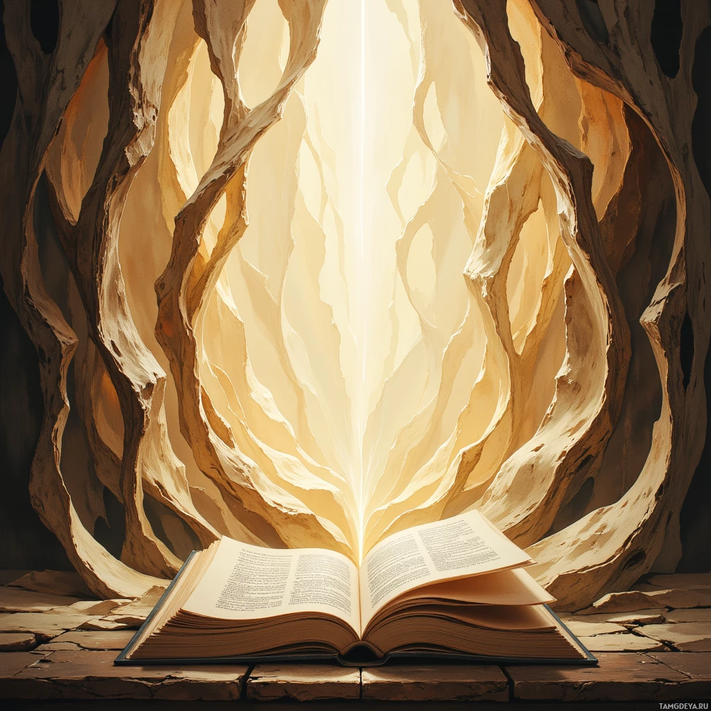 Раскрытая книга, из страниц которой исходит мягкое свечение, на фоне фактурной каменной кладки.